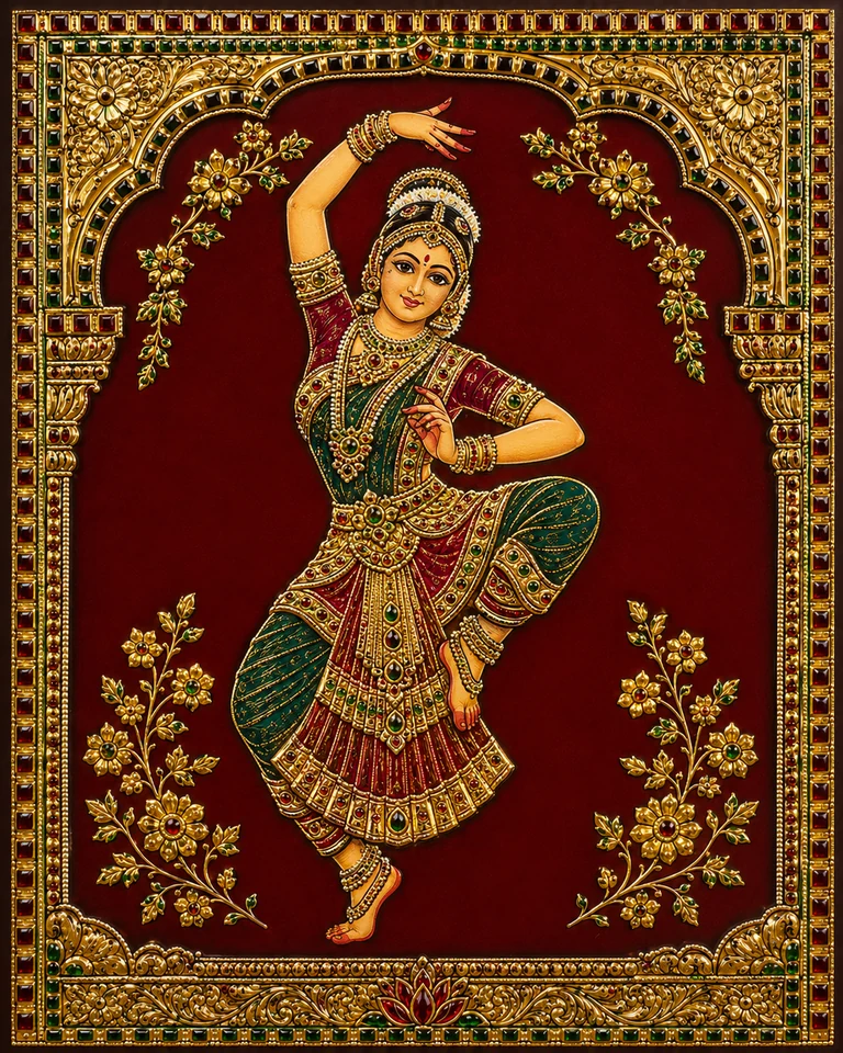 Representative Tanjore gold relief study inspired by Bharatanatyam movement